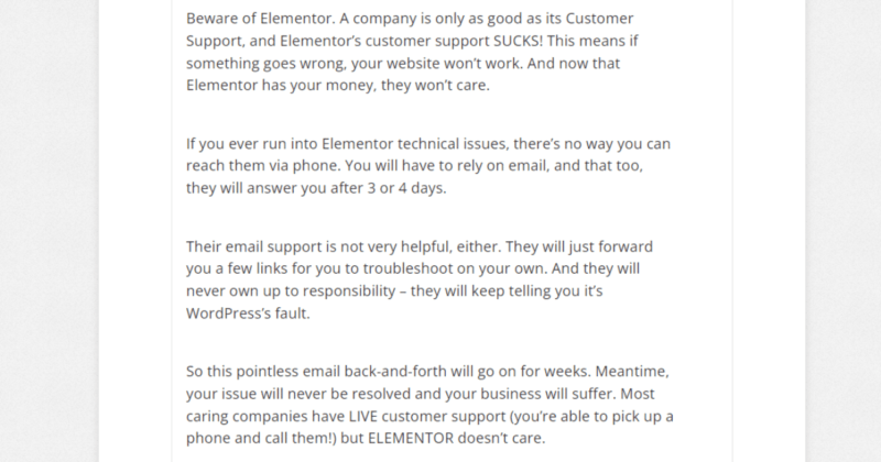 Unhappy customer describing why Elementor sucks.