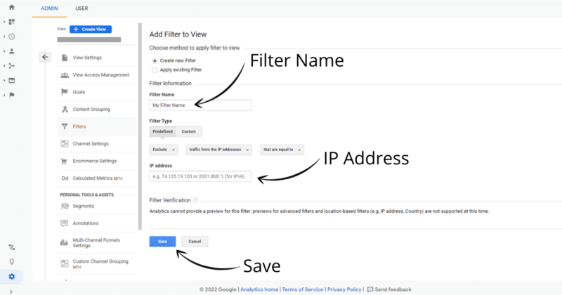 How to exclude an IP Address from Google Analytics - Enter IP Address