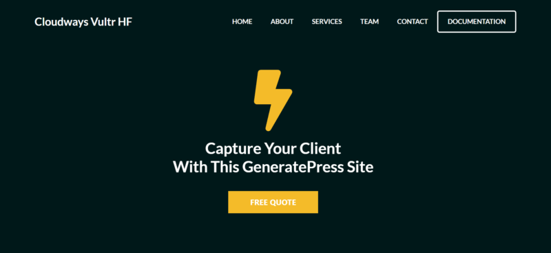 Testing Cloudways Vultr High-frequency servers with a test website using GeneratePress Charge template.
